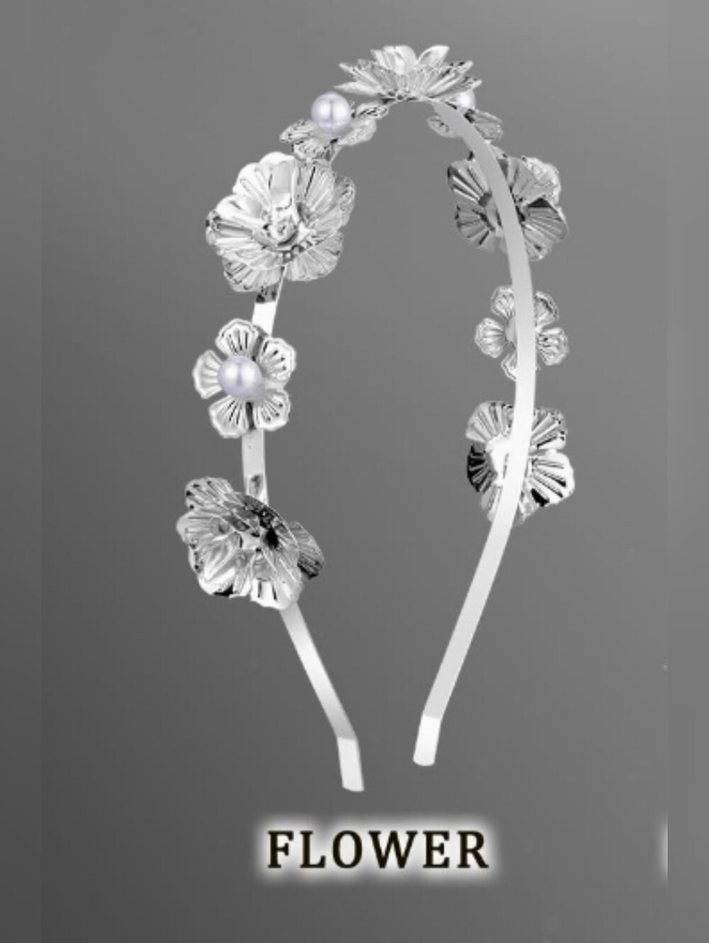 Silver Headband With Delicate Arrangement Of Metallic Flowers & Faux Pearls